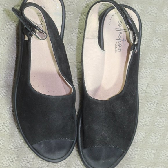 Collections by Clarks Size 5 Black Suede Peep Toe Wedge - Picture 1 of 7